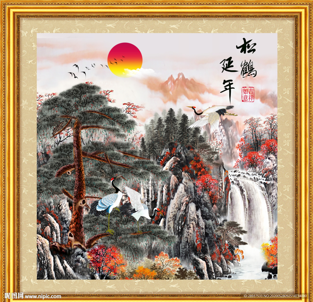 原创迎客松仙鹤松鹤延年装饰画