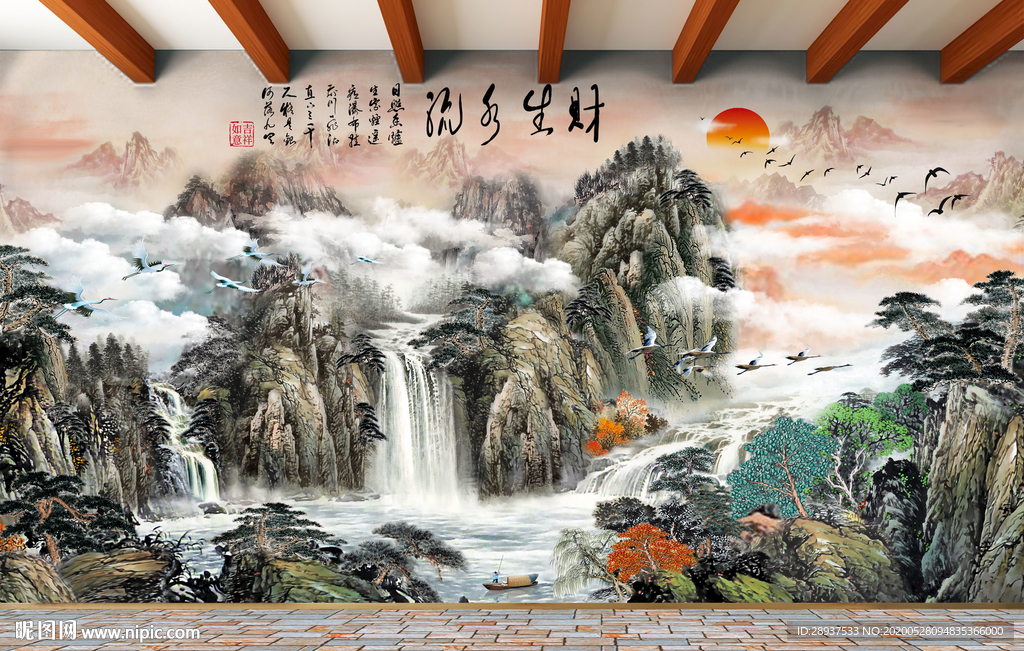 原创水墨山水流水生财装饰背景墙