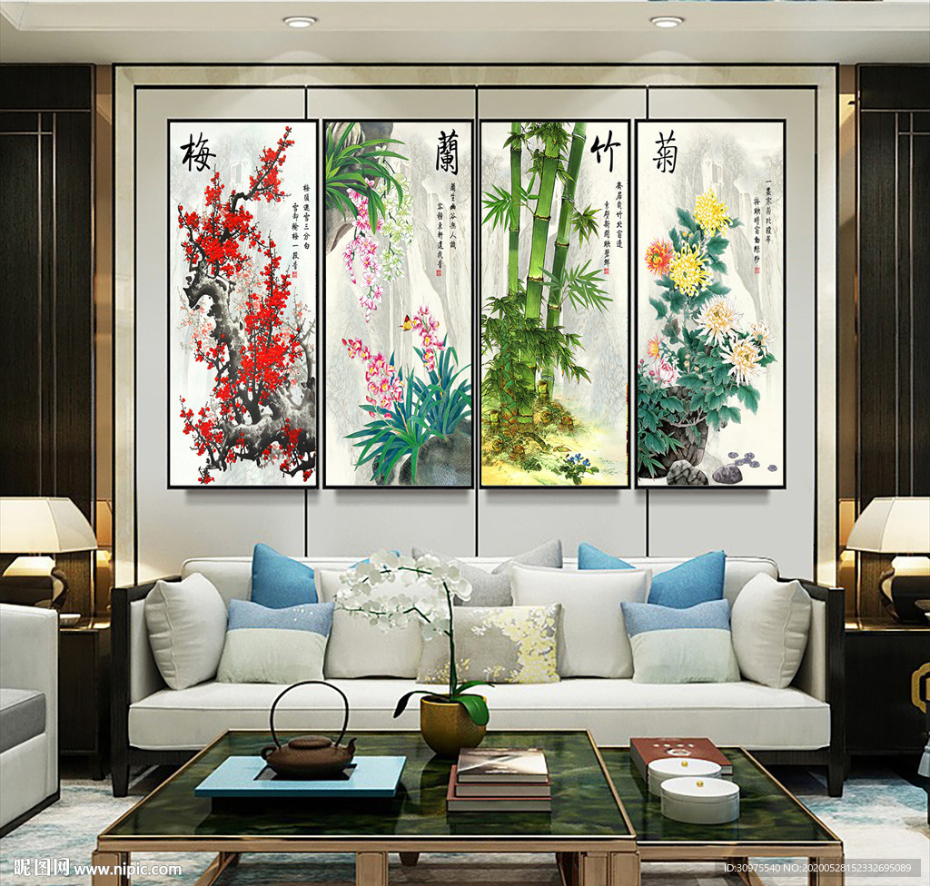 中式梅兰竹菊四联画