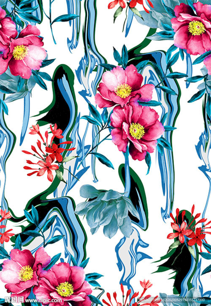 数码印花白色底蓝色枝叶橙红花朵