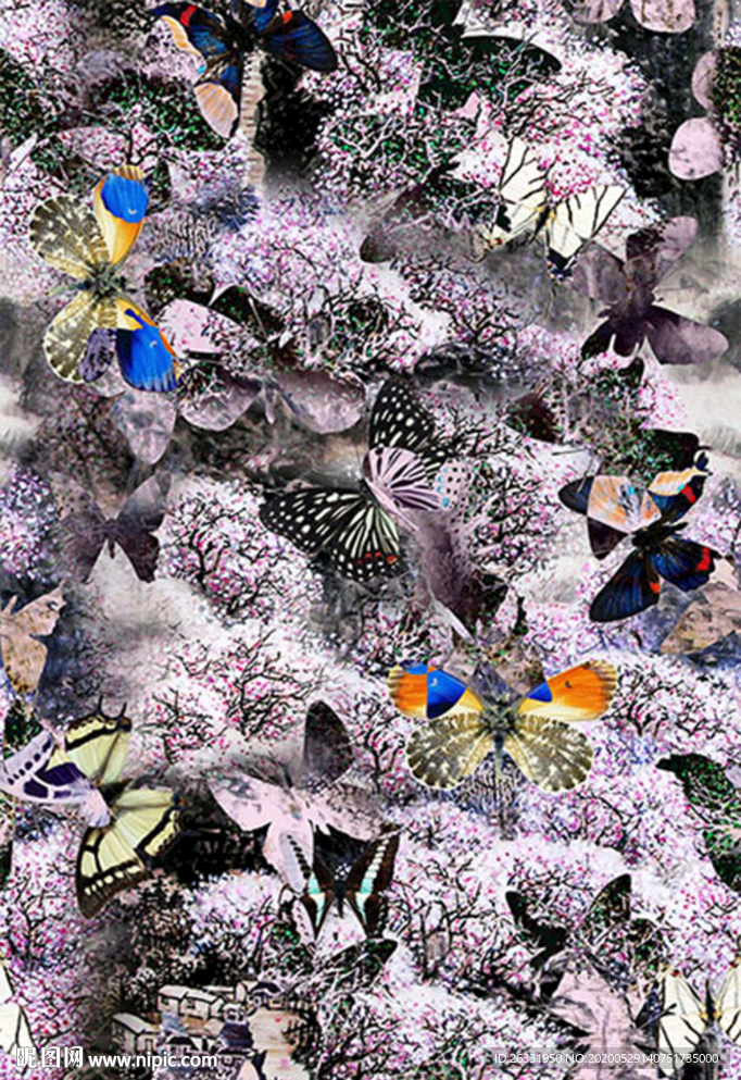 数码印花混色花林混色蝴蝶飞舞