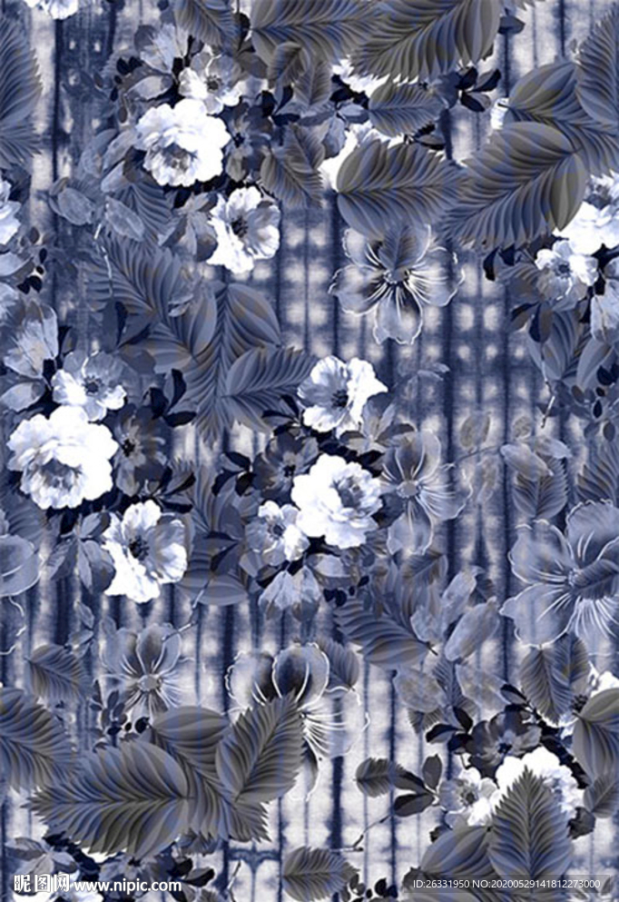 数码印花淡灰白底 灰白叶子花朵