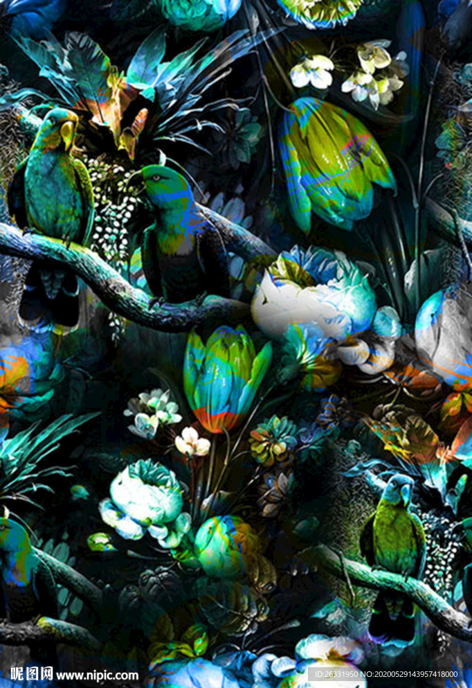 数码印花白蓝银花芯蓝银鸟站立