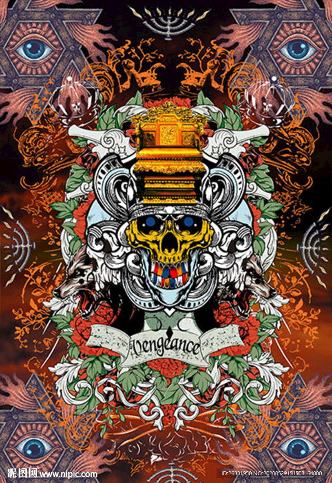 数码印花淡橙黑底混色鬼头像