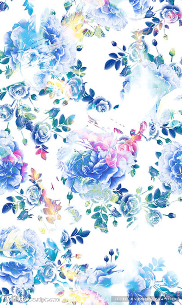 数码印花白色底混色花朵