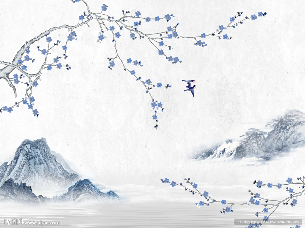 梅花山水  水墨山水 蓝色山水
