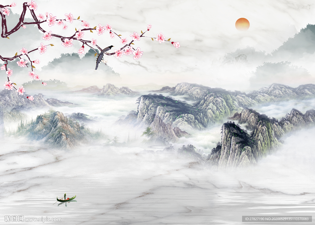 旭日东升  梅花山水 玉兰山水