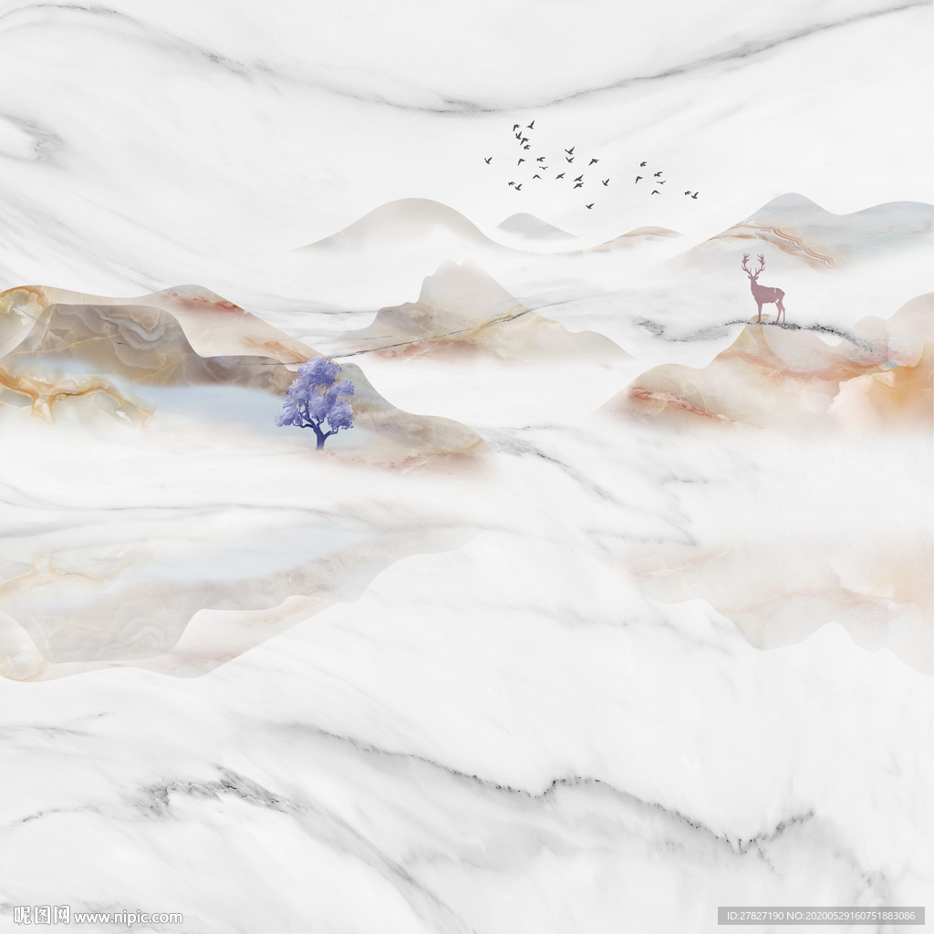 麋鹿山水 森林麋鹿 石纹山水