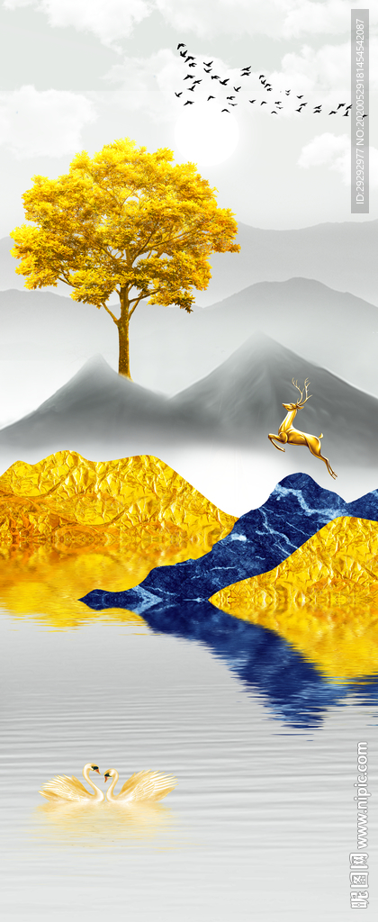 意境山水发财鹿玄关