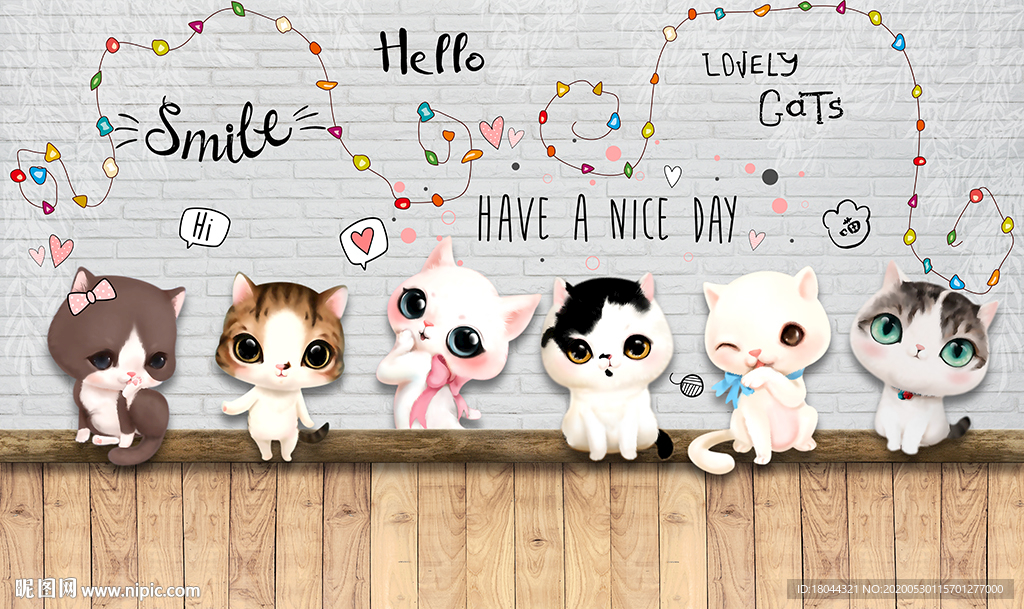 可爱卡通猫咪白砖墙背景墙