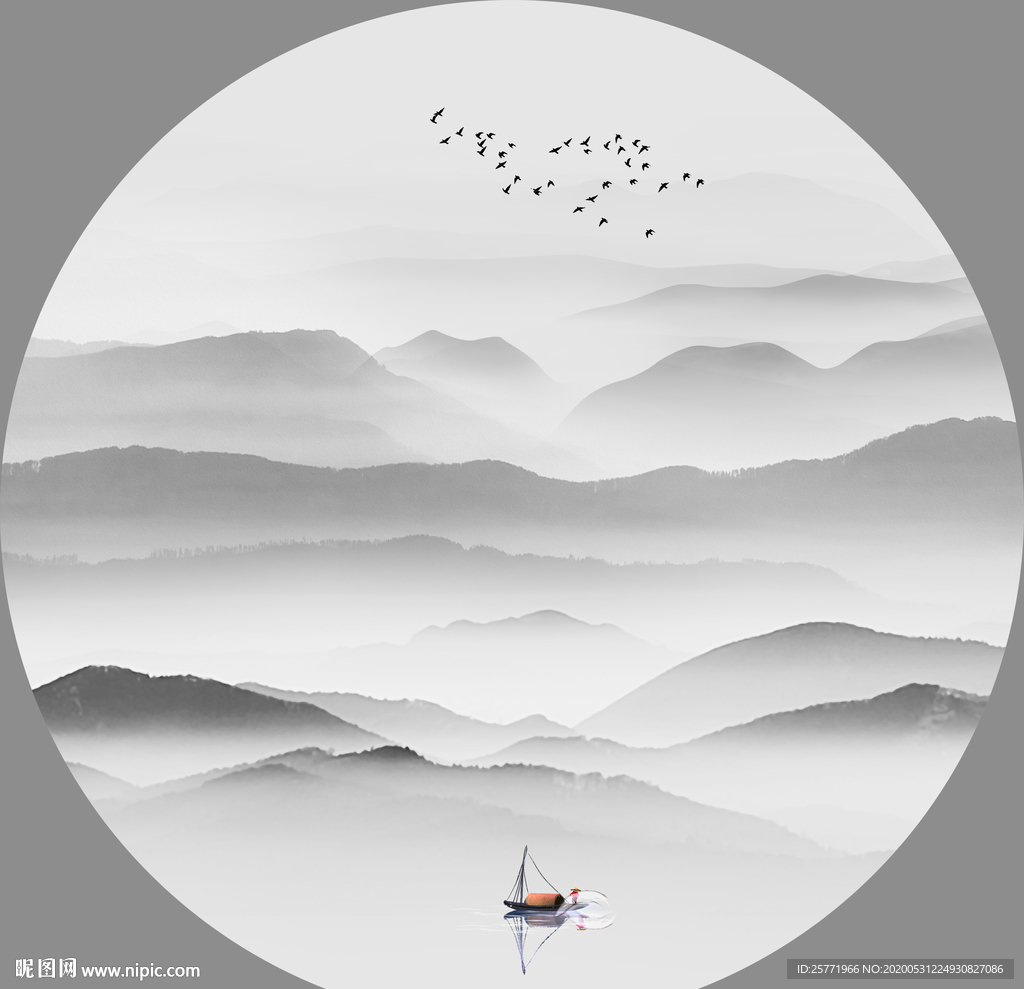 山水画 黑白山水画 圆形山水