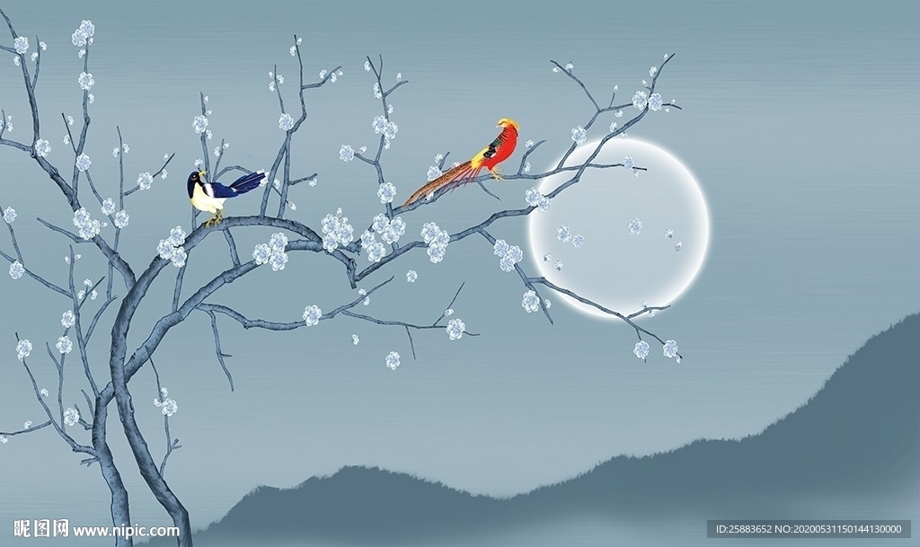 花好月圆手绘电视背景墙