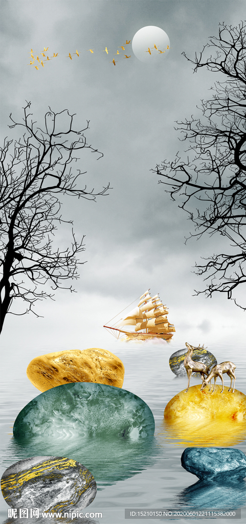 鹅卵石树枝玄关背景墙