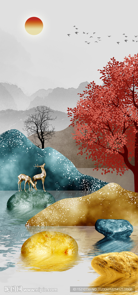 鹅卵石抽象树玄关背景墙