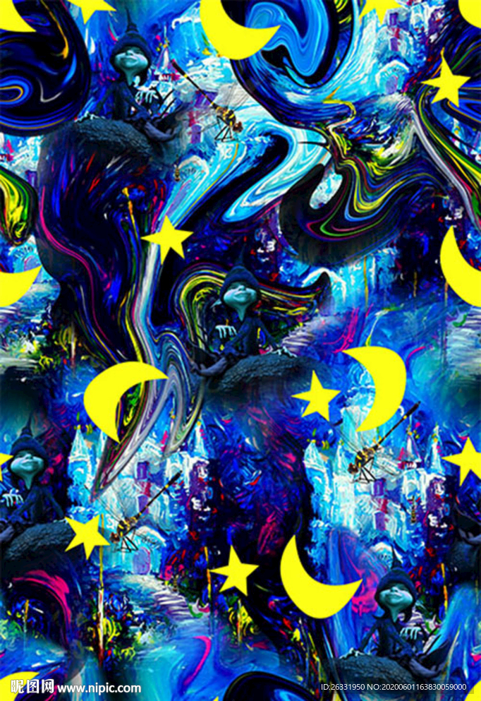 数码印花小孩坐混色岩壁看月亮星