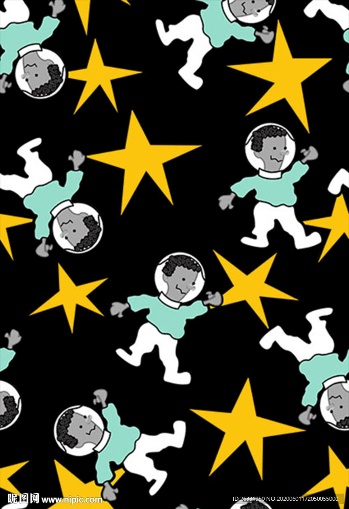 数码印花黑色底小男孩黄色五角星