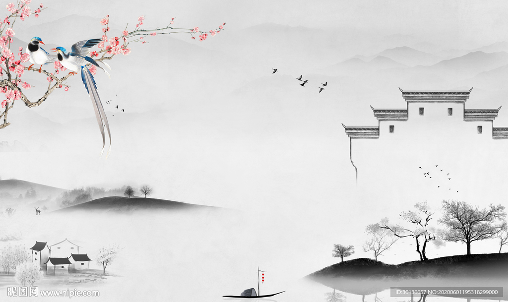 徽派山水画灰色画 TIF分层