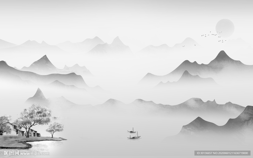 新中式山水画灰色画 TIF分层