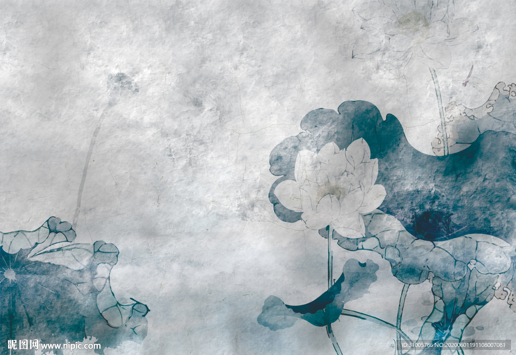 墨绿色水墨荷花水彩荷花