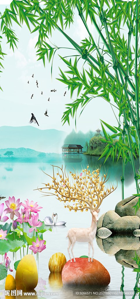石来运转麋鹿玄关晶瓷画装饰画
