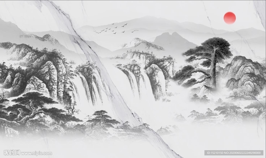 大理石国画山水电视背景墙