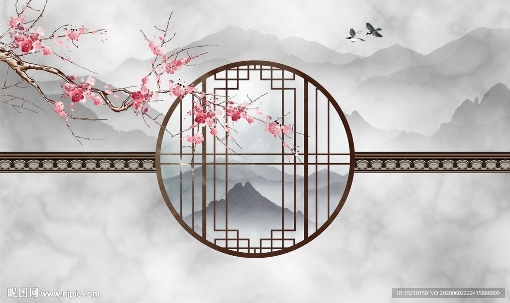 水墨山水梅花图电视背景墙