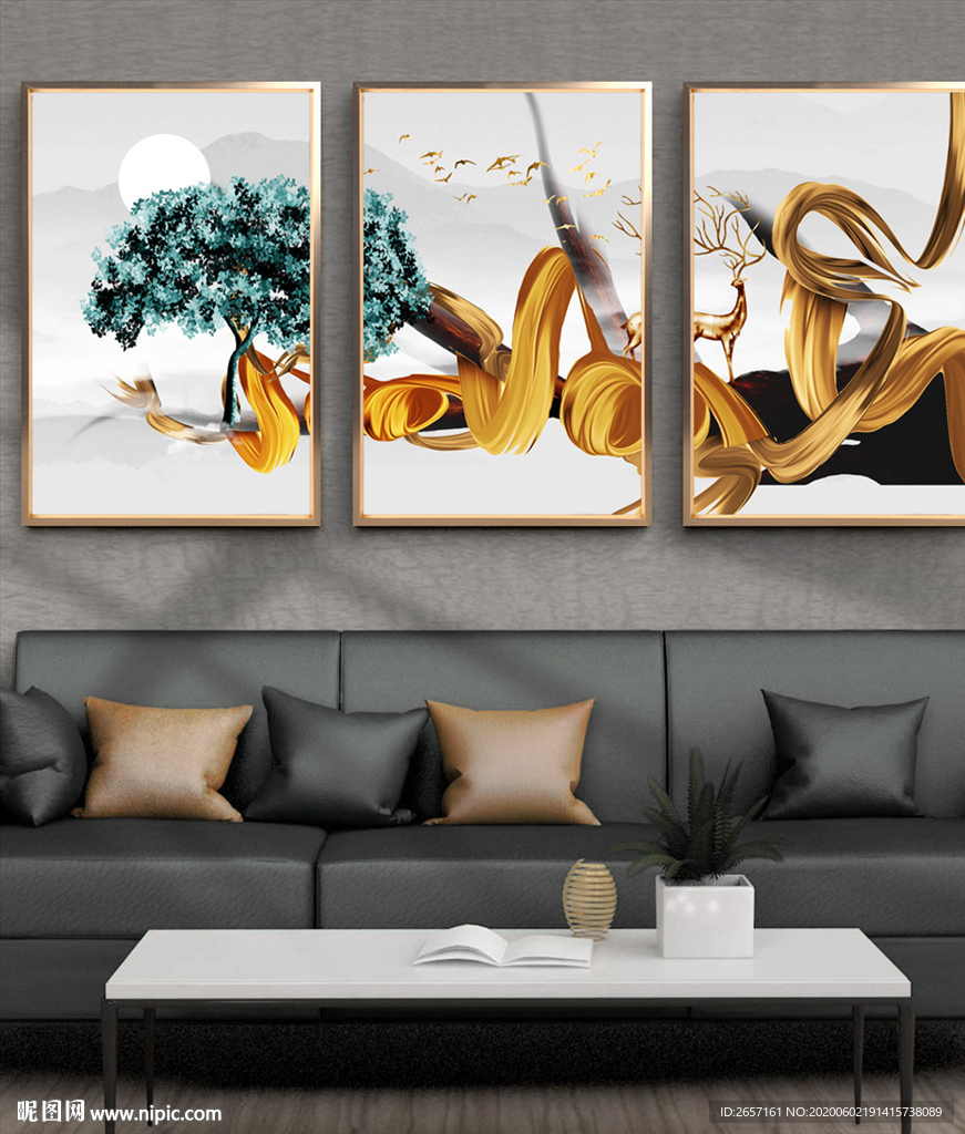 北欧创意环绕金色彩带抽象麋鹿风