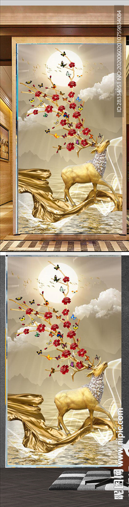 新中式金色麋鹿山水风景玄关装饰