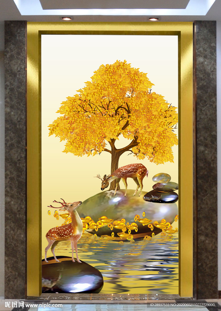 原创玄关梅花鹿发财树装饰画