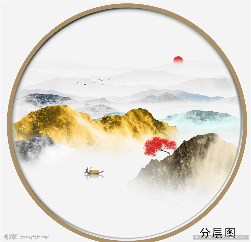 圆形水墨金山山水水墨画