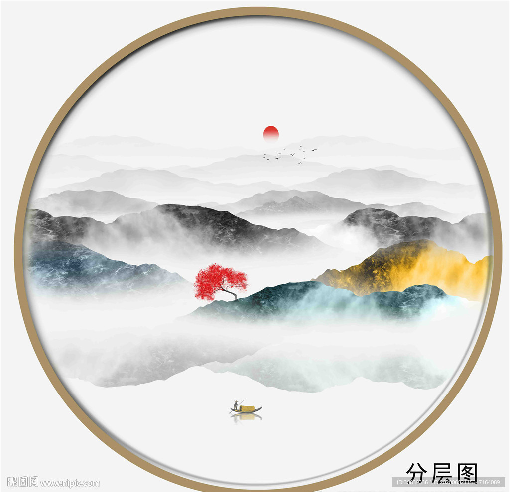 圆形山水画圆形水墨画