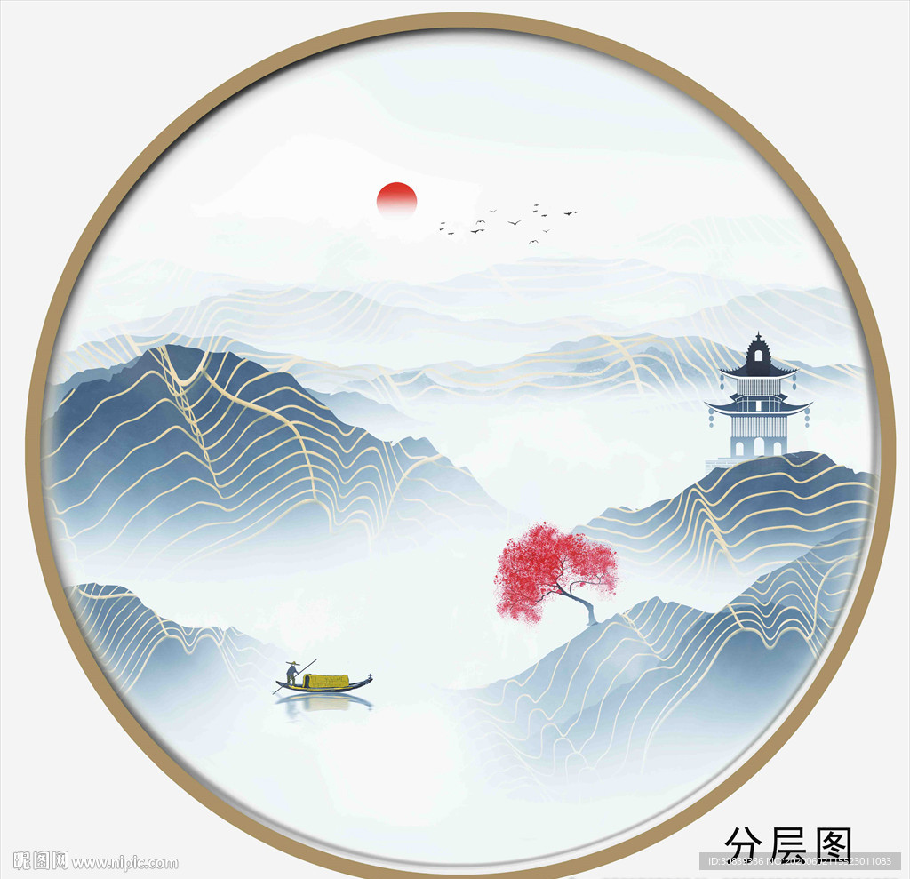 圆形山水画圆形水墨画