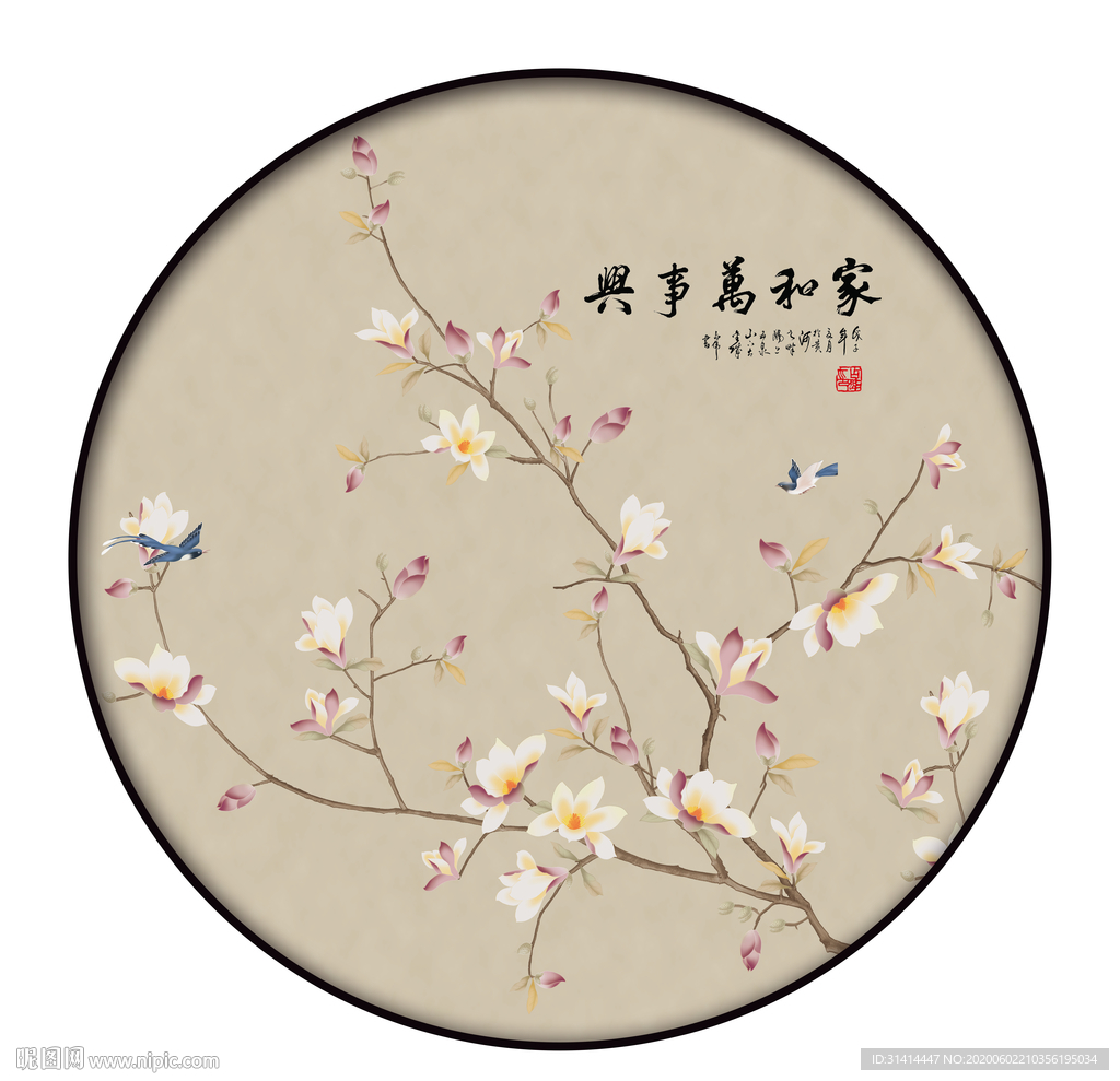 圆形花鸟工笔画