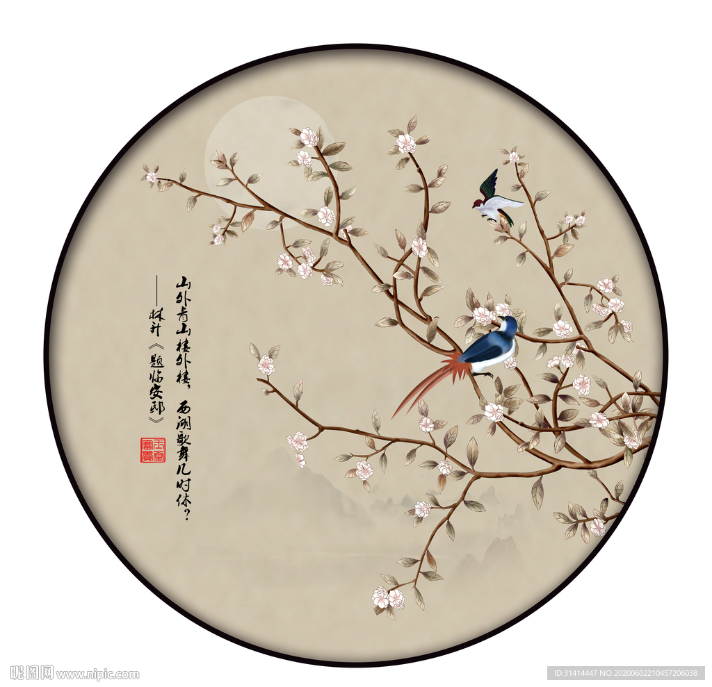 圆形花鸟工笔画