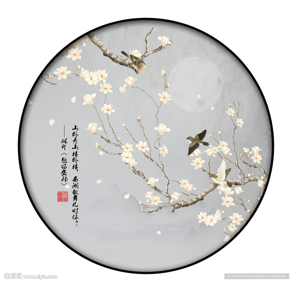 圆形花鸟工笔画