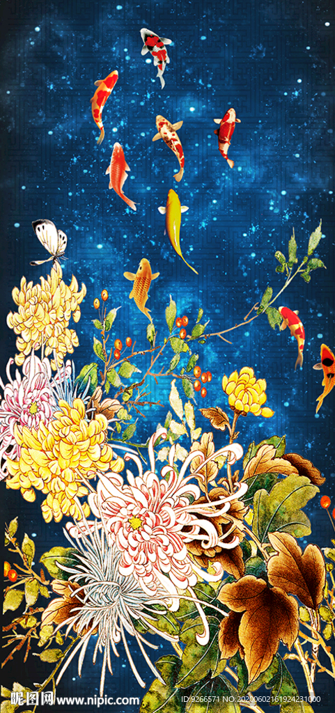 花鸟九鱼图玄关晶瓷装饰画