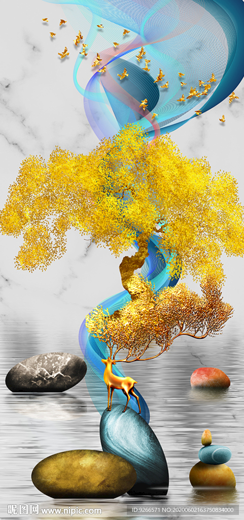 石来运转麋鹿山水玄关晶瓷装饰画