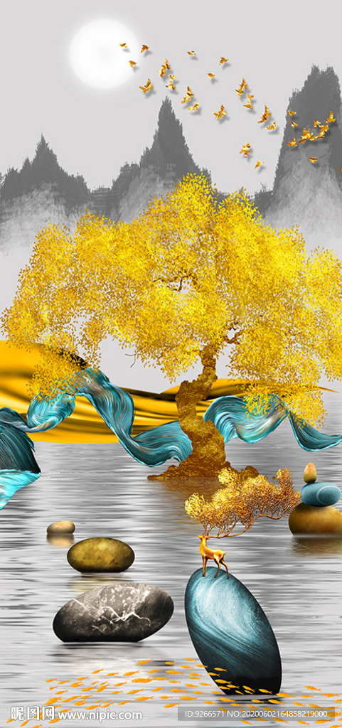 石来运转麋鹿山水玄关晶瓷装饰画