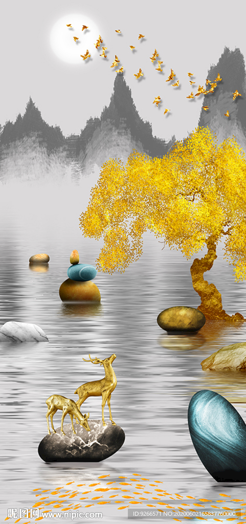 石来运转麋鹿山水玄关晶瓷装饰画