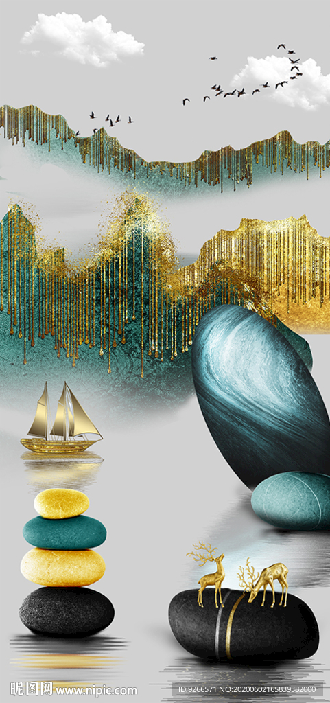 石来运转麋鹿山水玄关晶瓷装饰画