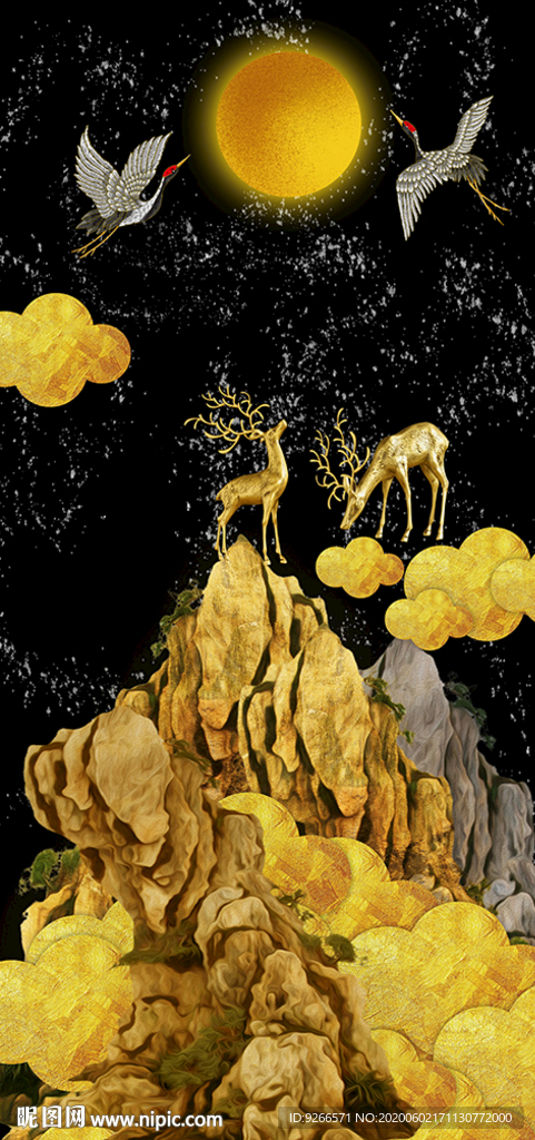 金色麋鹿山水玄关晶瓷装饰画