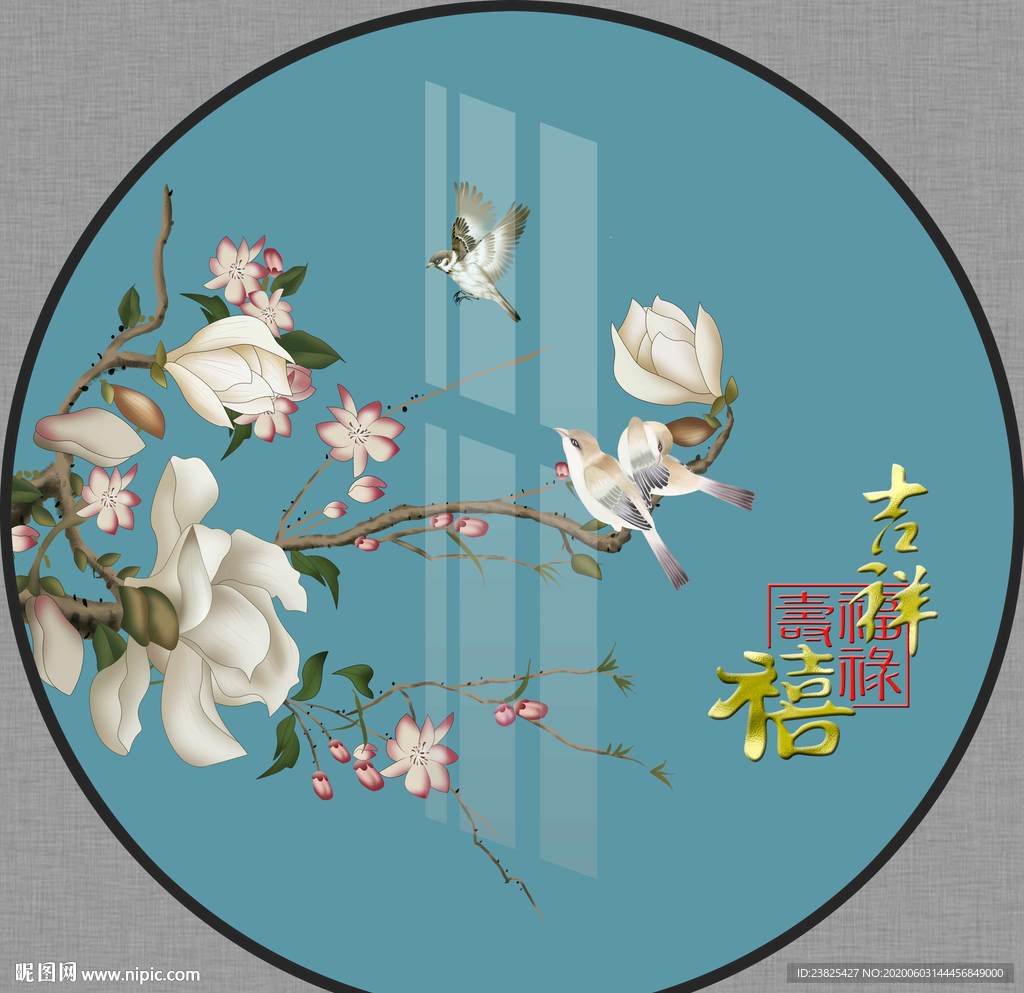 新中式手绘工笔花鸟圆形装饰画