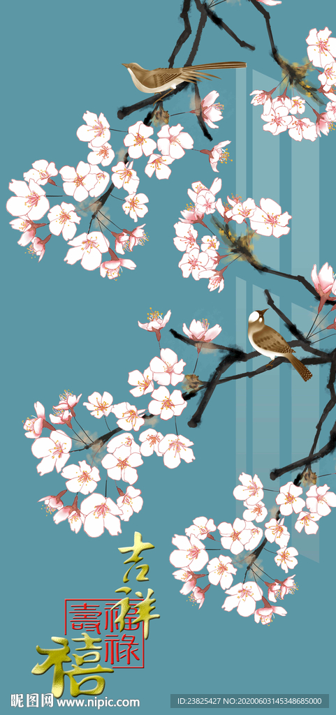 新中式手绘工笔花鸟玄关背景墙