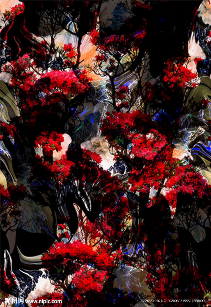 数码印花混色底岩壁红色小花