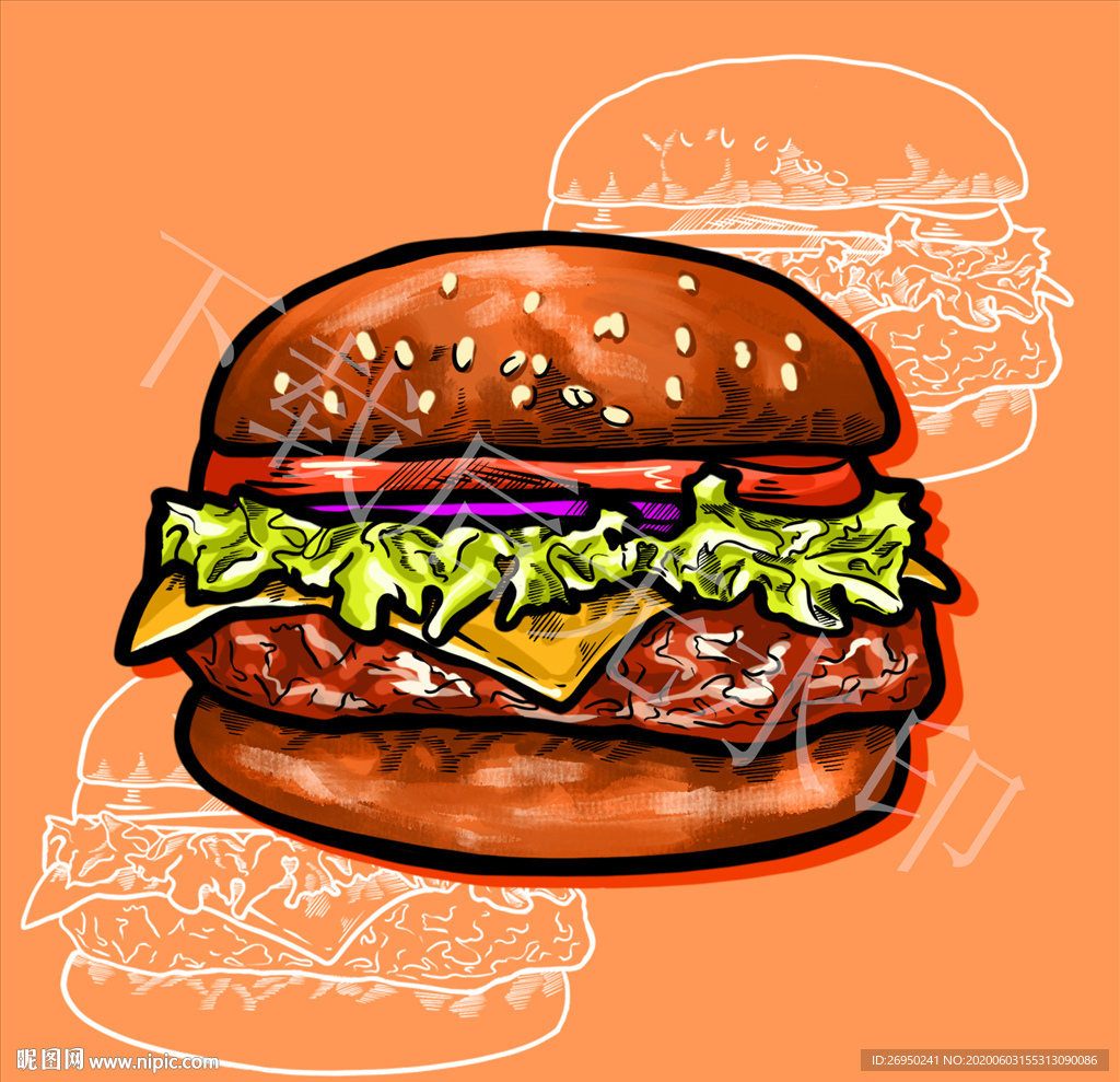 卡通汉堡炸鸡商业插画作品图片