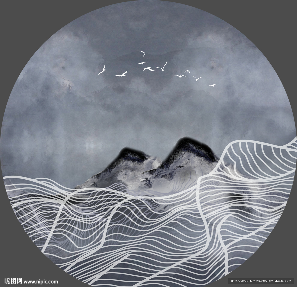 新中式山水 线条山水画