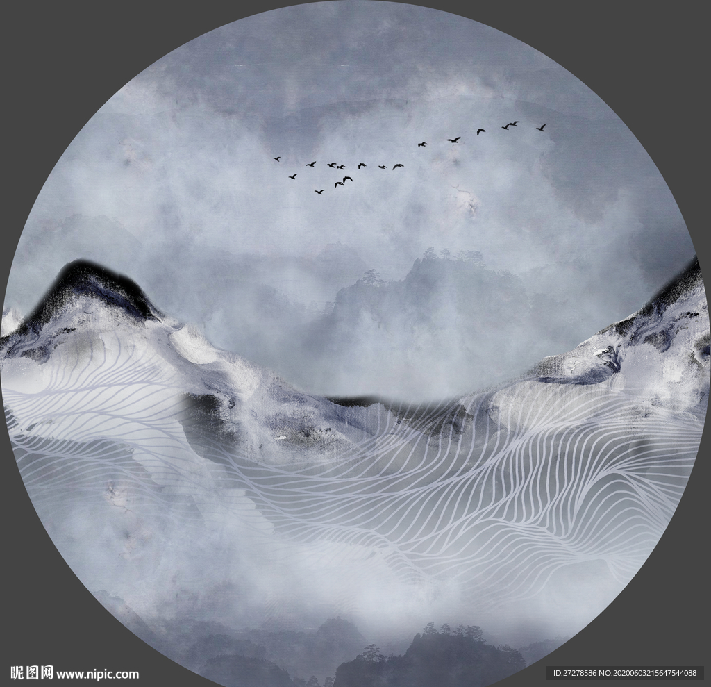水墨山水画 圆形山水画