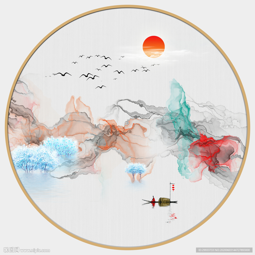 新中式水墨意境山水圆形装饰画