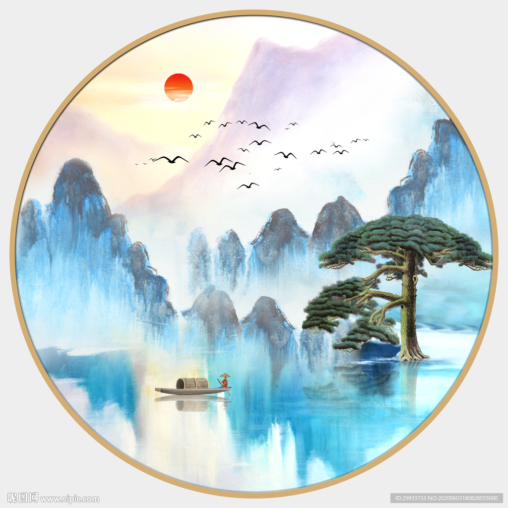 新中式圆形水墨山水装饰画