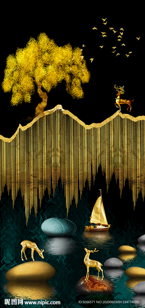 石来运转麋鹿山水玄关晶瓷装饰画